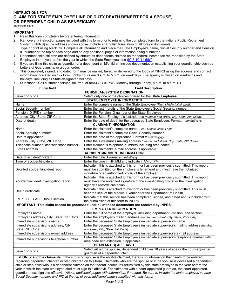 State Form 55761 Claim for State Employee Line of Duty Death Benefit for a Spouse, or Dependent Child as Beneficiary - Indiana, Page 5