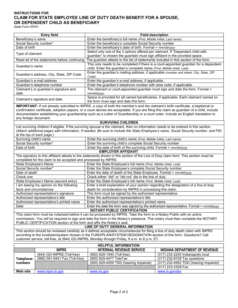 State Form 55761 Claim for State Employee Line of Duty Death Benefit for a Spouse, or Dependent Child as Beneficiary - Indiana, Page 6