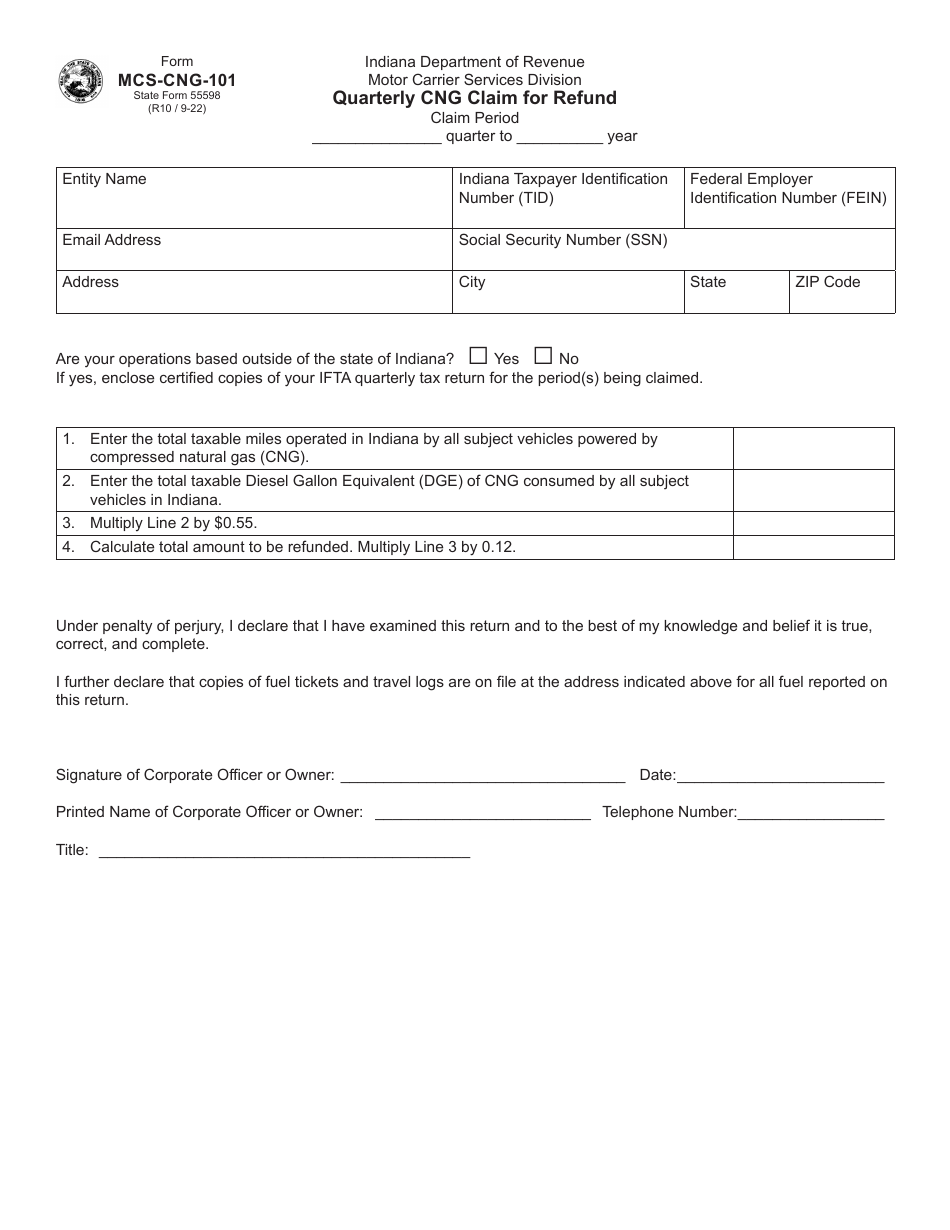 Form MCS-CNG-101 (State Form 55598) Quarterly Cng Claim for Refund - Indiana, Page 1