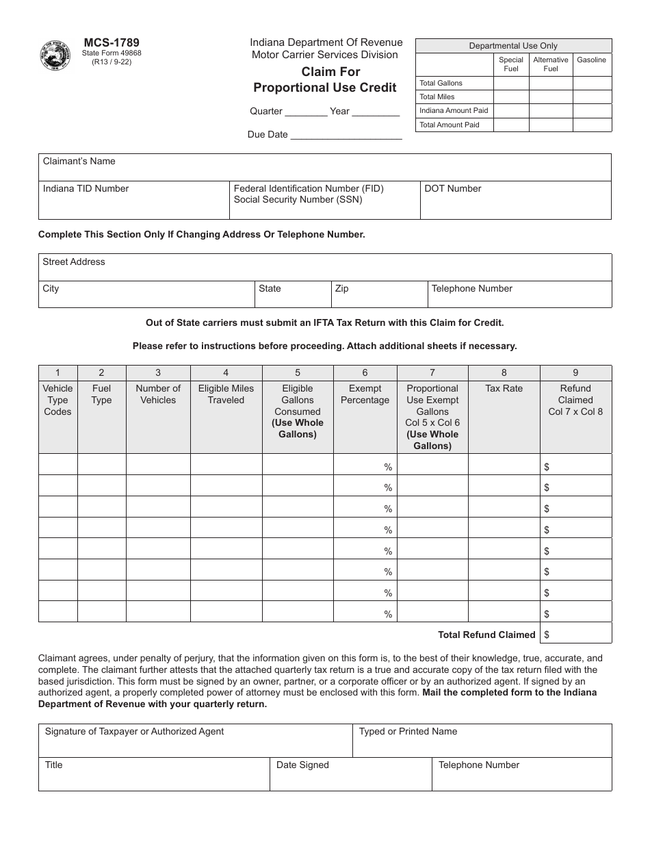 Form MCS-1789 (State Form 49868) Claim for Proportional Use Credit - Indiana, Page 1