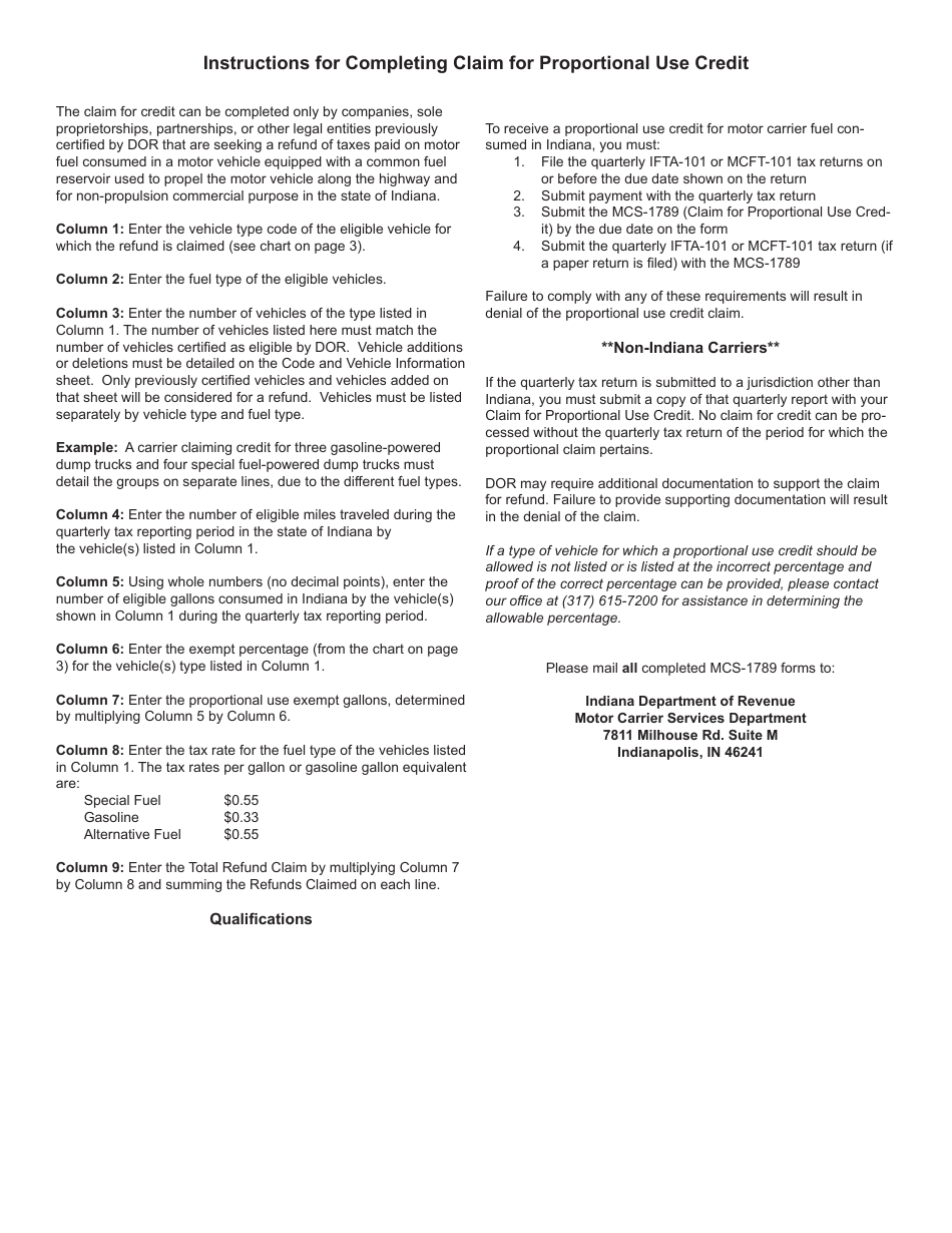 Form MCS-1789 (State Form 49868) Claim for Proportional Use Credit - Indiana, Page 2