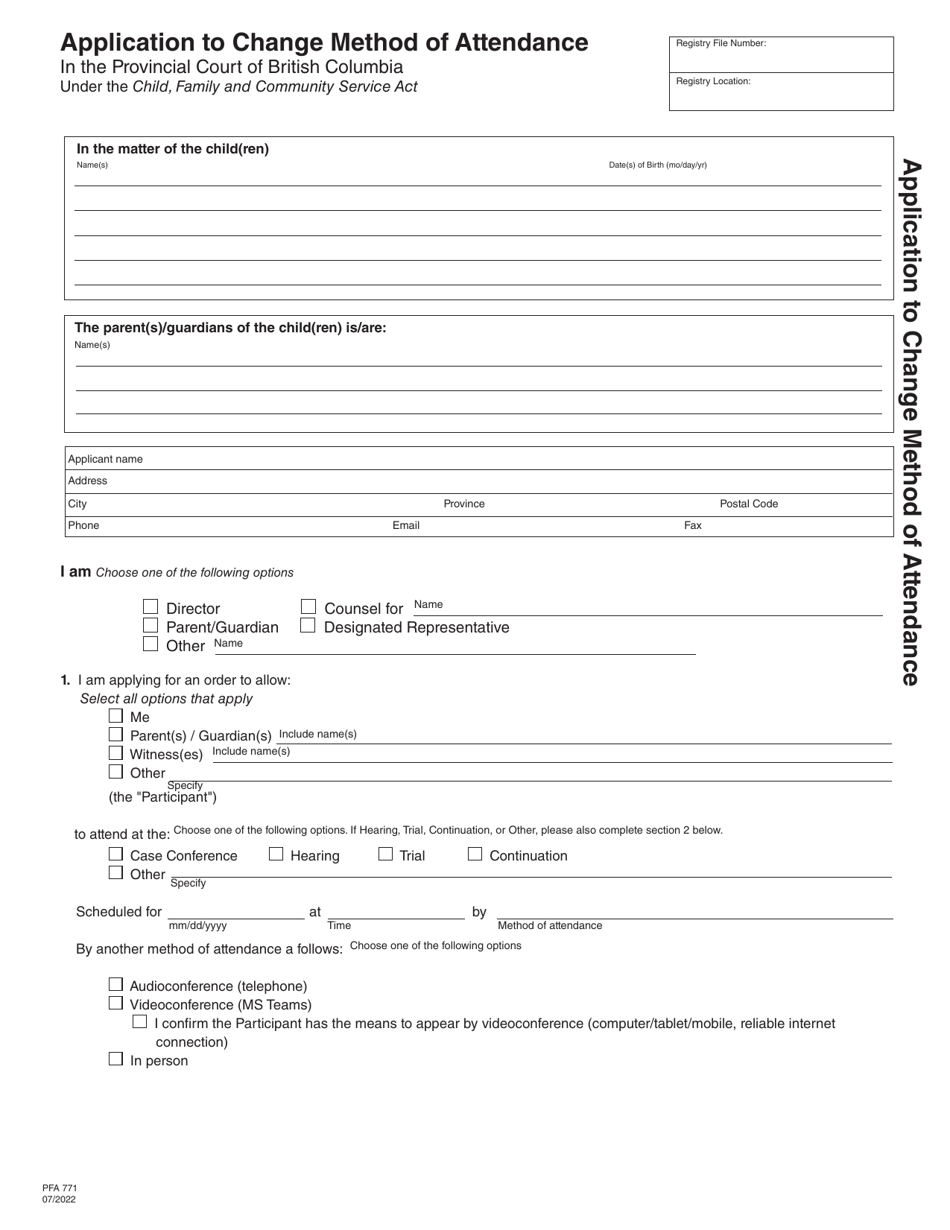 Form PFA771 Application to Change Method of Attendance - British Columbia, Canada, Page 1