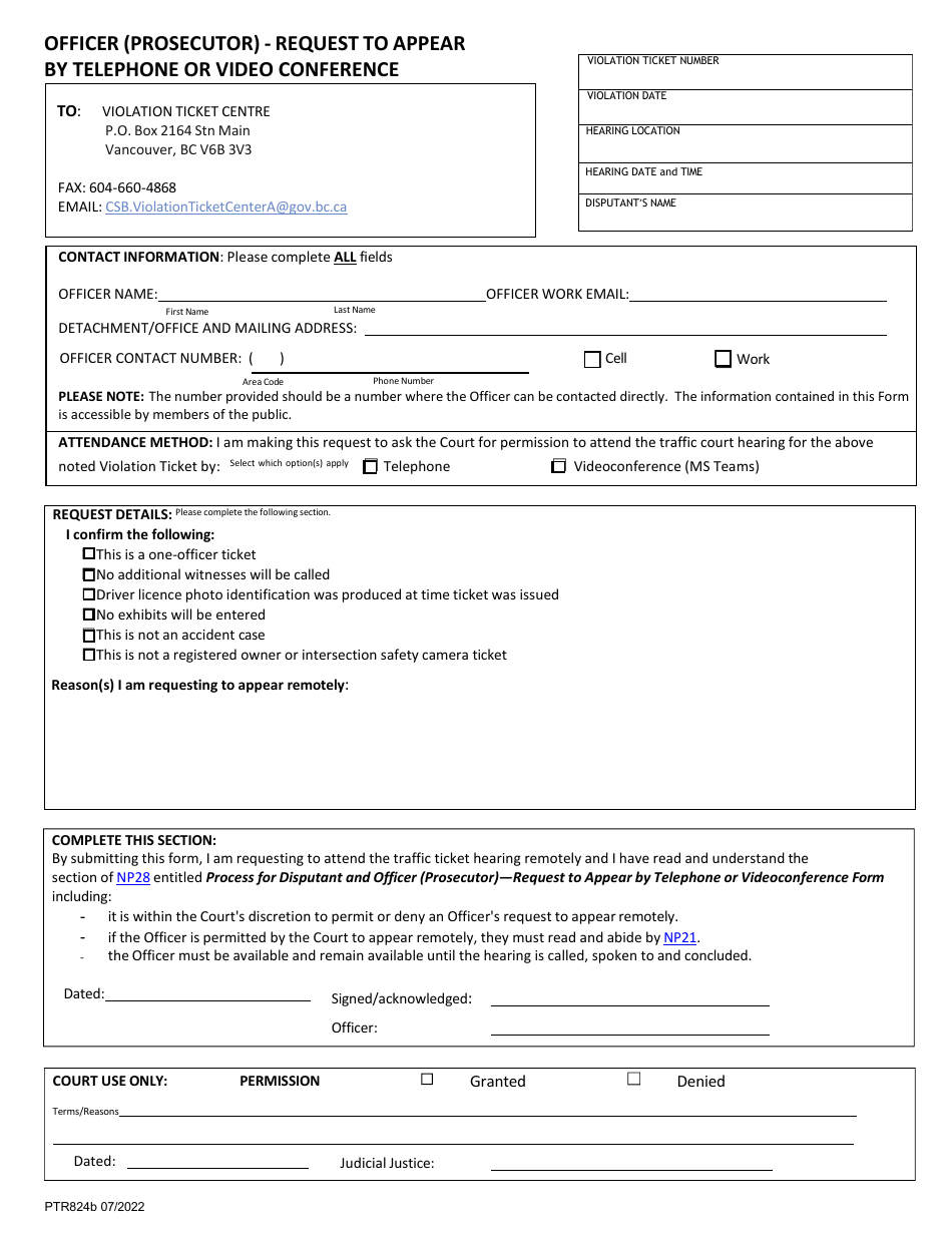 Form PTR824B Officer (Prosecutor) - Request to Appear by Telephone or Video Conference - British Columbia, Canada, Page 1