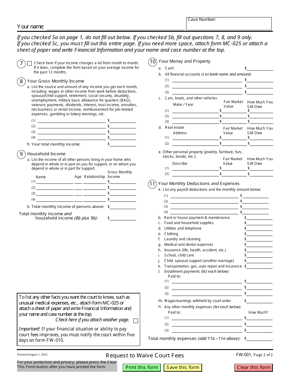 Form FW-001 Request to Waive Court Fees - California, Page 2