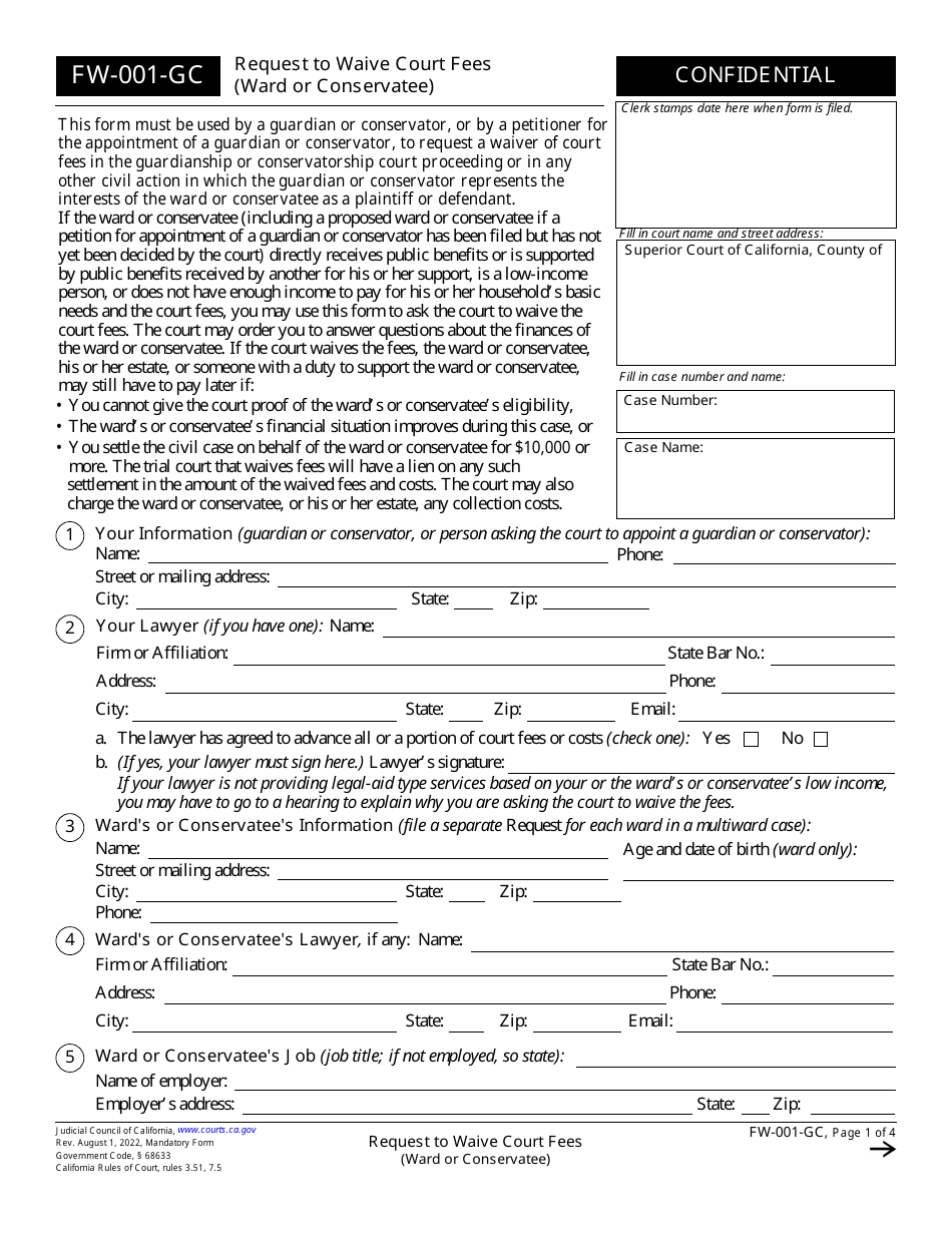Form FW-001-GC Request to Waive Court Fees (Ward or Conservatee) - California, Page 1