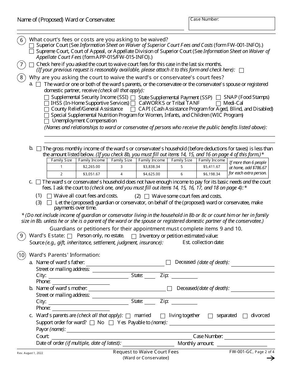 Form FW-001-GC Request to Waive Court Fees (Ward or Conservatee) - California, Page 2
