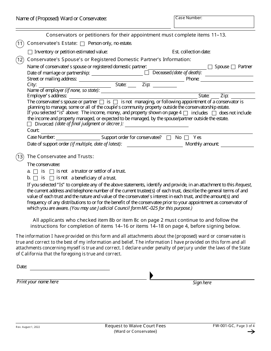 Form FW-001-GC Request to Waive Court Fees (Ward or Conservatee) - California, Page 3