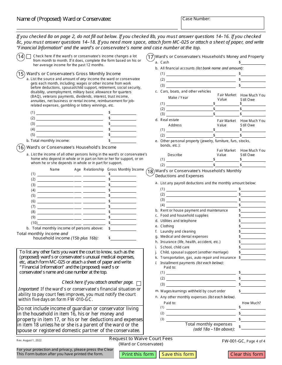 Form FW-001-GC Request to Waive Court Fees (Ward or Conservatee) - California, Page 4