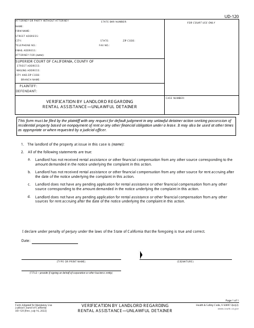 Form UD-120 Verification by Landlord Regarding Rental Assistance - Unlawful Detainer - California