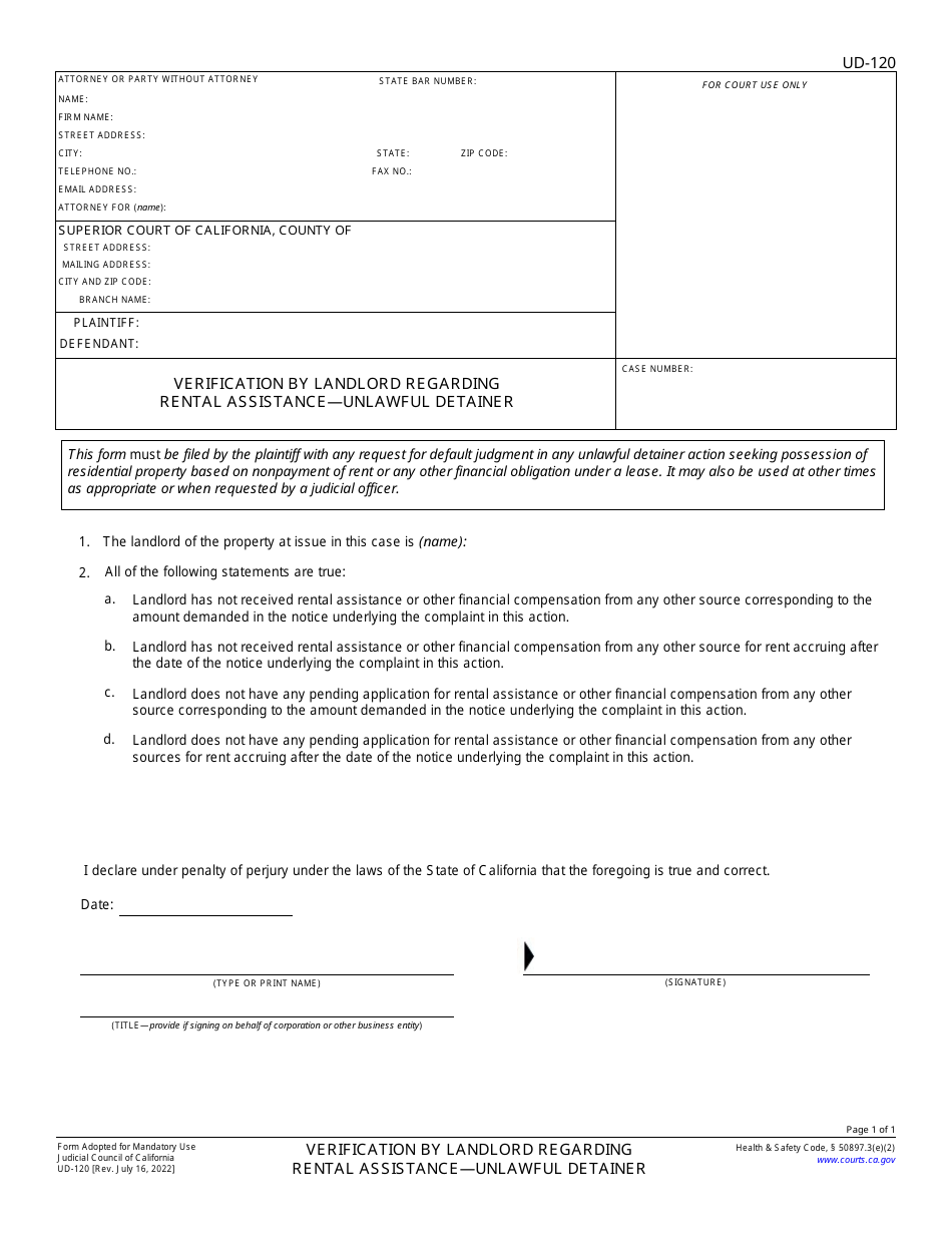 Form UD-120 Verification by Landlord Regarding Rental Assistance - Unlawful Detainer - California, Page 1