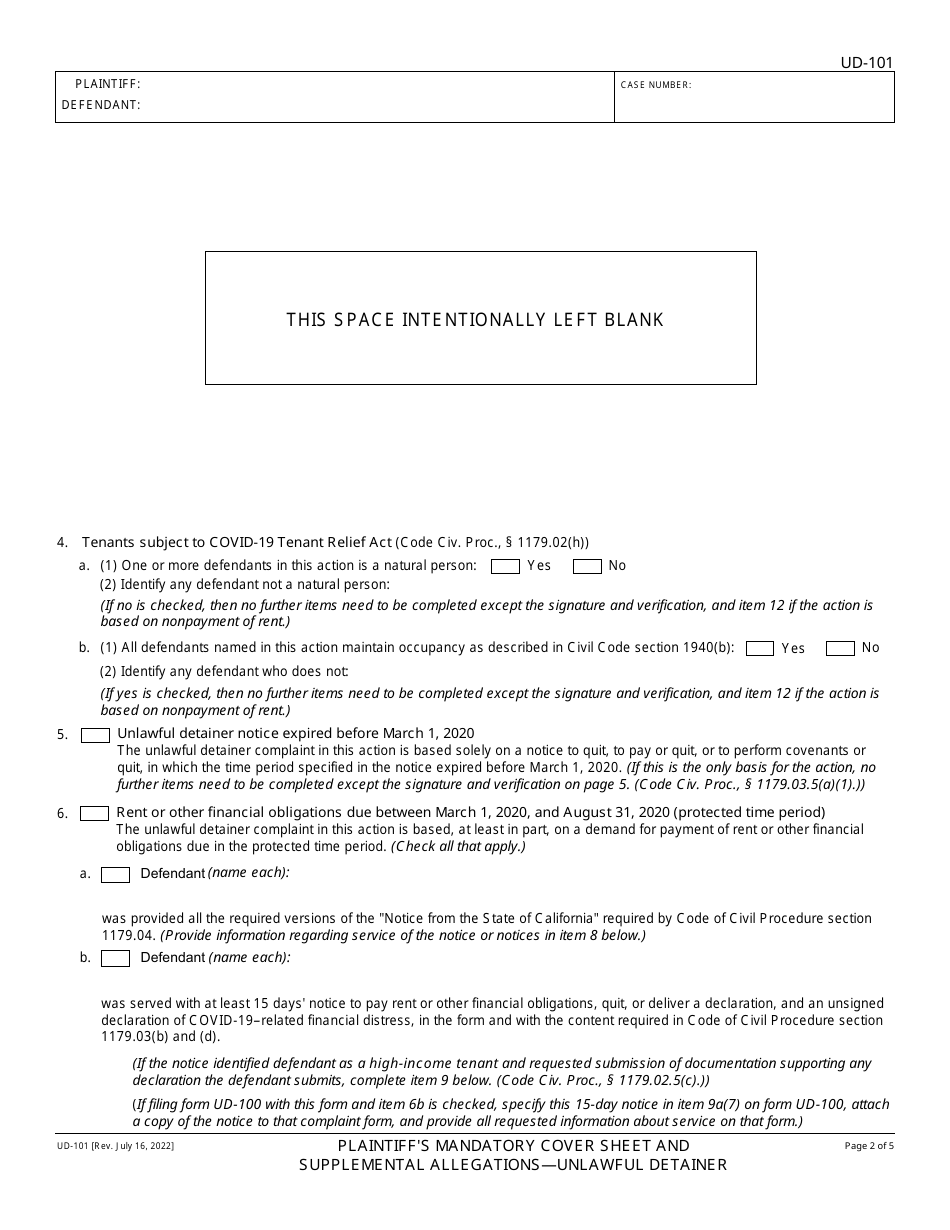 Form UD-101 Plaintiffs Mandatory Cover Sheet and Supplemental Allegations - Unlawful Detainer - California, Page 2