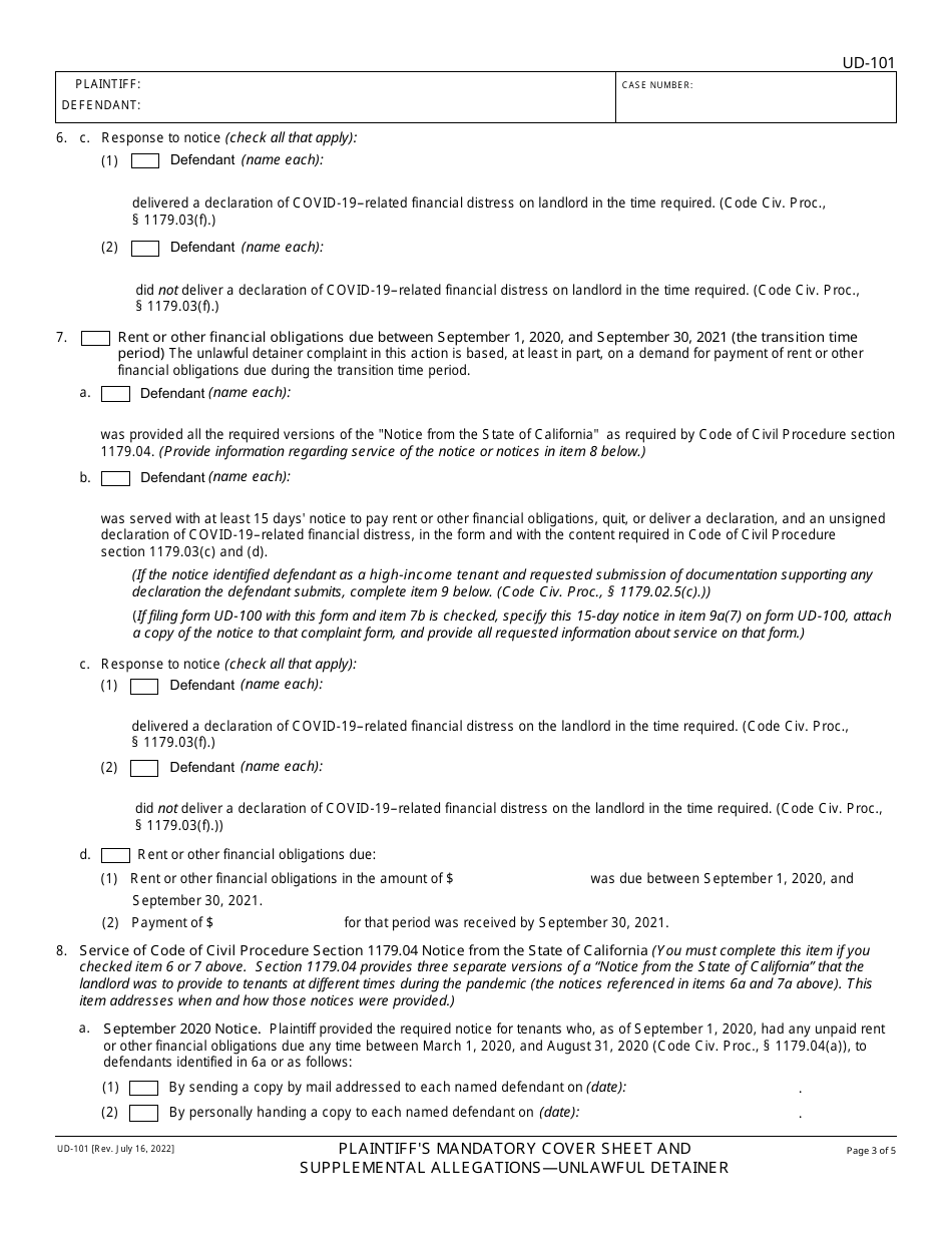 Form UD-101 Plaintiffs Mandatory Cover Sheet and Supplemental Allegations - Unlawful Detainer - California, Page 3