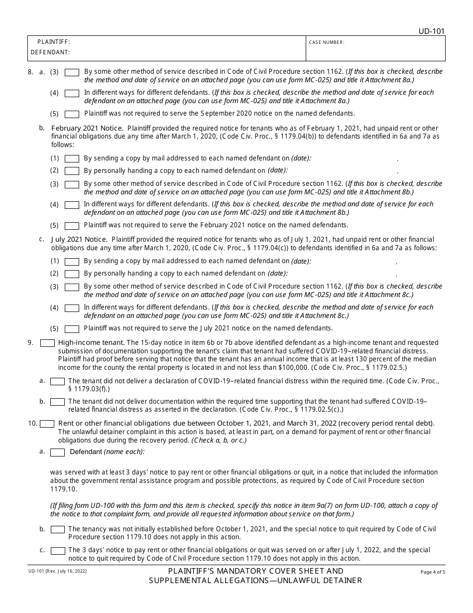 Form UD-101 Plaintiffs Mandatory Cover Sheet and Supplemental Allegations - Unlawful Detainer - California, Page 4