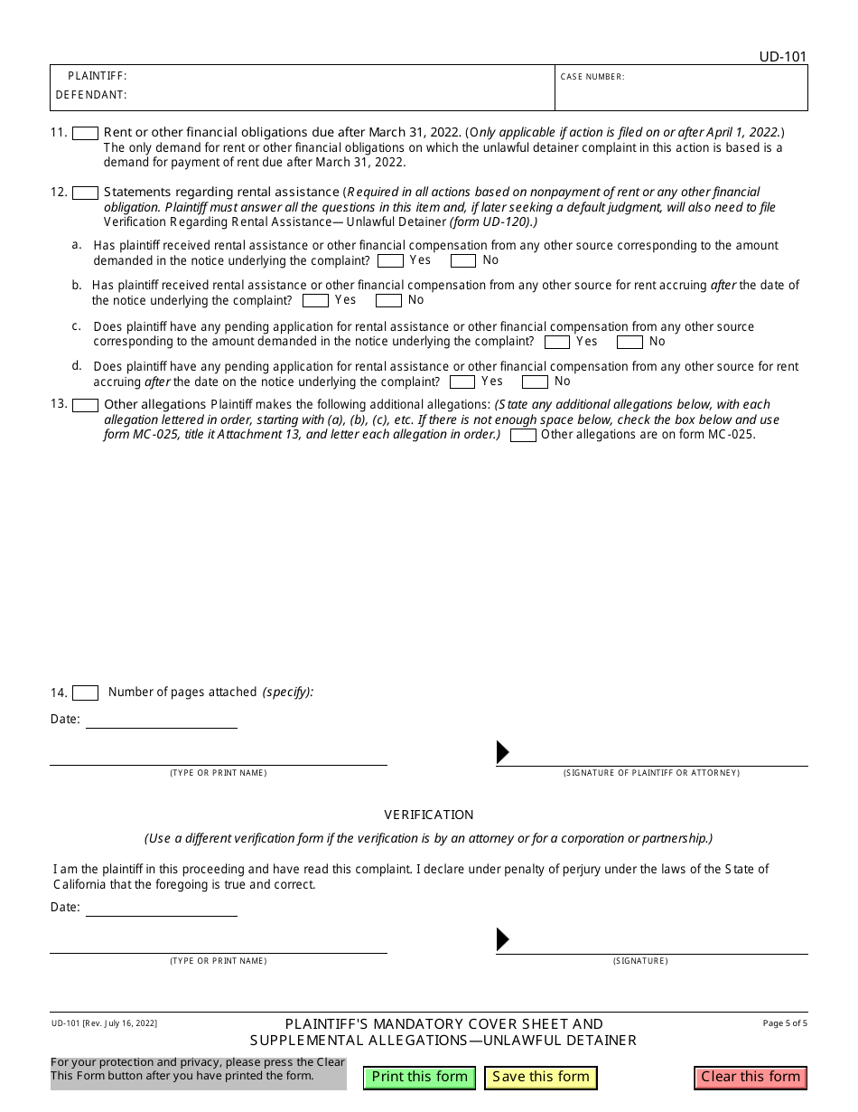 Form UD-101 Plaintiffs Mandatory Cover Sheet and Supplemental Allegations - Unlawful Detainer - California, Page 5