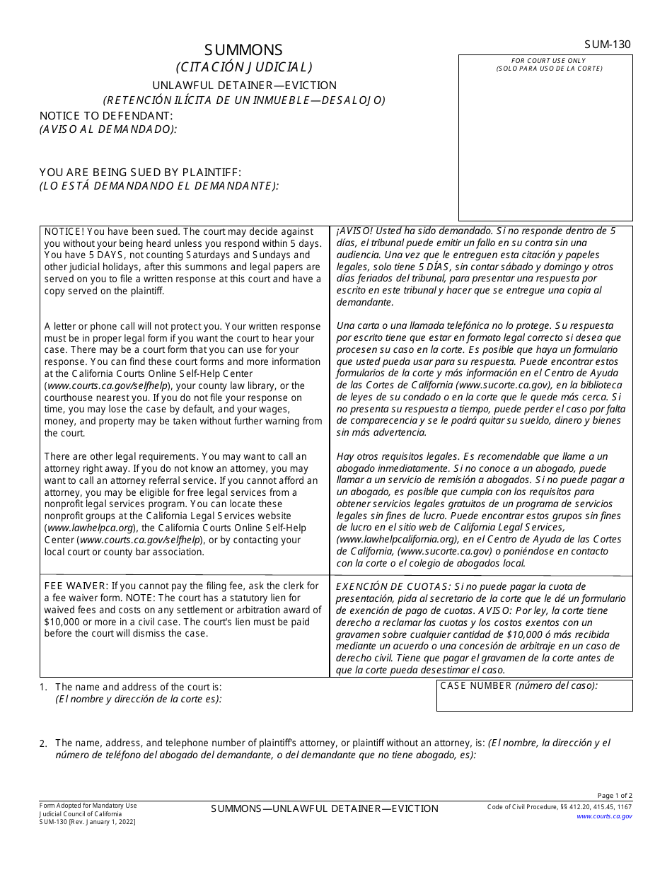 Form SUM130 Download Fillable PDF or Fill Online Summons Unlawful