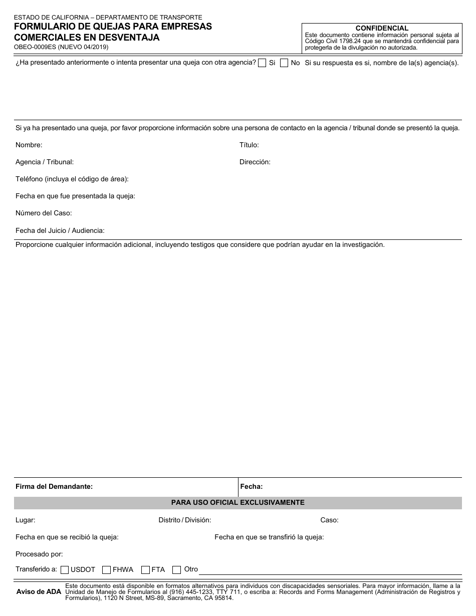 Formulario OBEO-0009ES Formulario De Quejas Para Empresas Comerciales En Desventaja - California (Spanish), Page 2