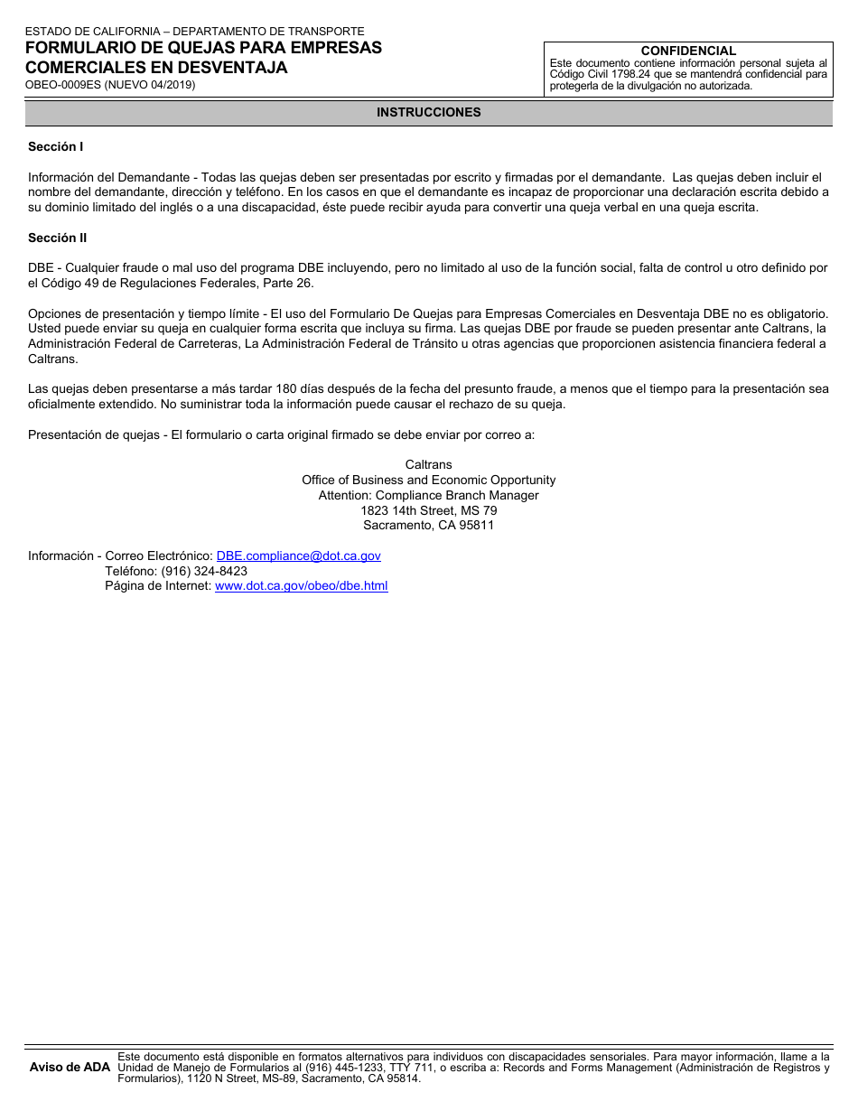Formulario OBEO-0009ES Formulario De Quejas Para Empresas Comerciales En Desventaja - California (Spanish), Page 3