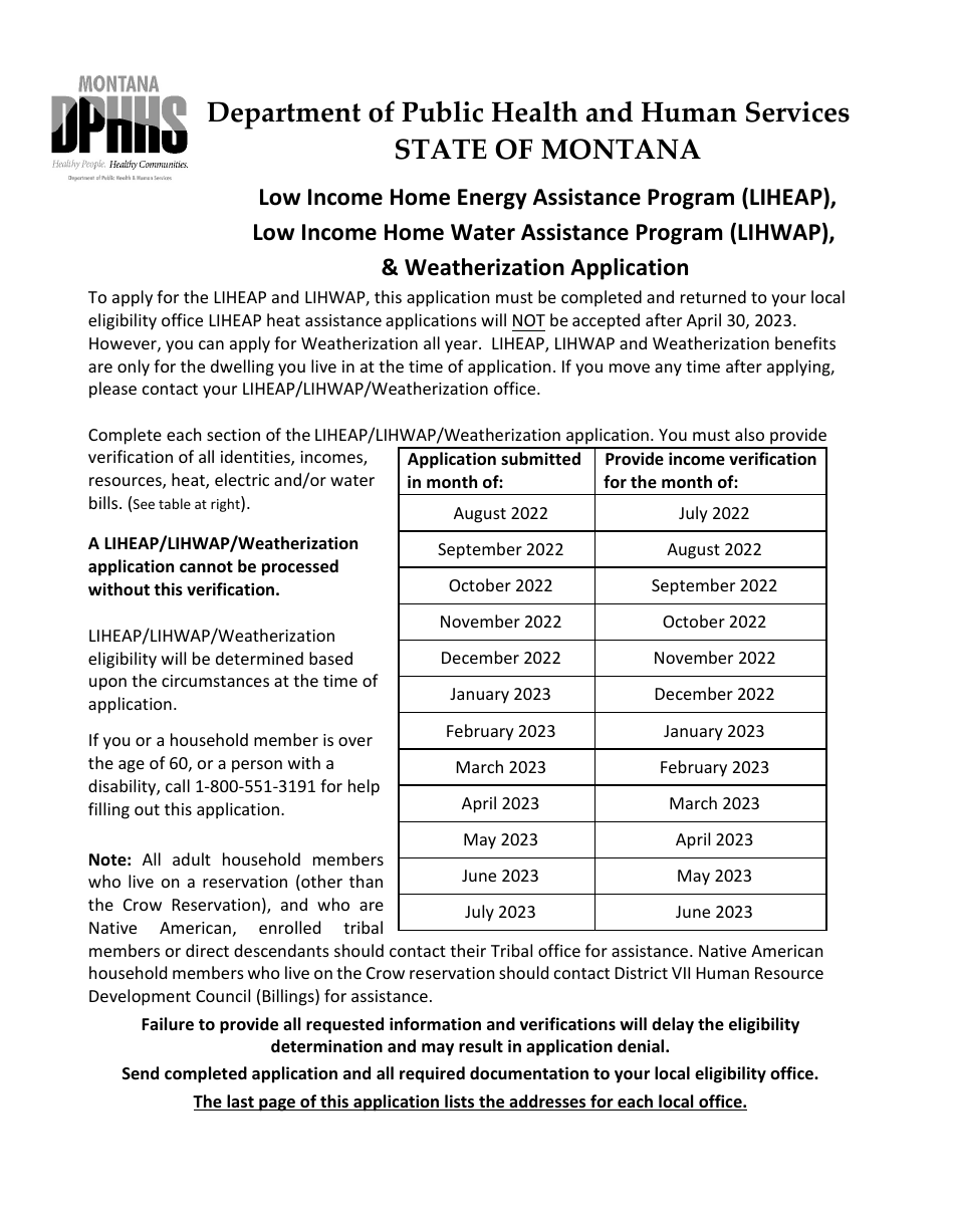 Form DPHHS-EAP-088 Low Income Home Energy Assistance Program (Liheap), Low Income Home Water Assistance Program (Lihwap), and Weatherization Application - Montana, Page 1