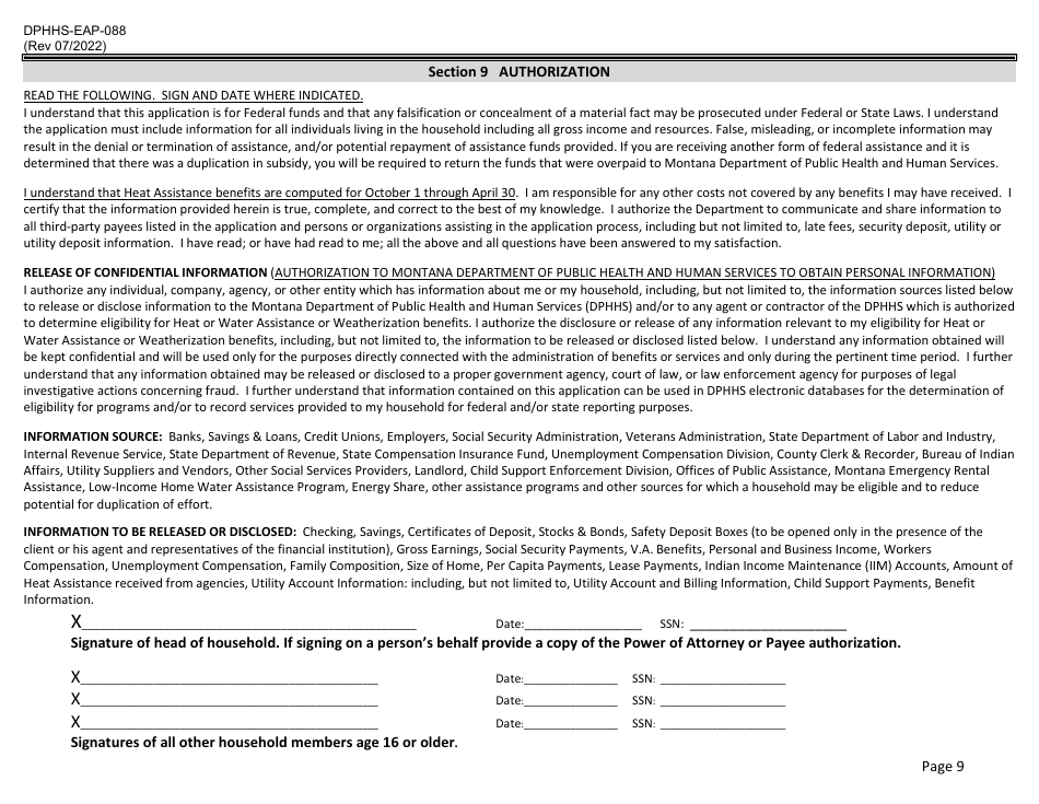 Form DPHHS-EAP-088 Low Income Home Energy Assistance Program (Liheap), Low Income Home Water Assistance Program (Lihwap), and Weatherization Application - Montana, Page 9