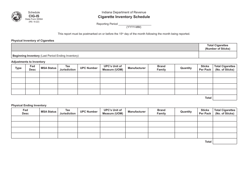 State Form 55564 Schedule CIG-IS Cigarette Inventory Schedule - Indiana, Page 1
