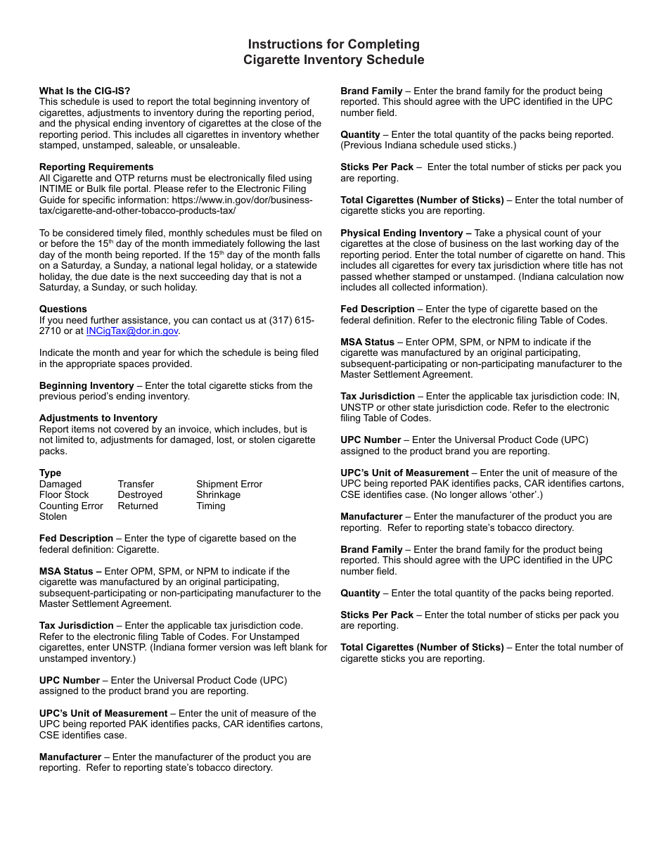State Form 55564 Schedule CIG-IS Cigarette Inventory Schedule - Indiana, Page 2