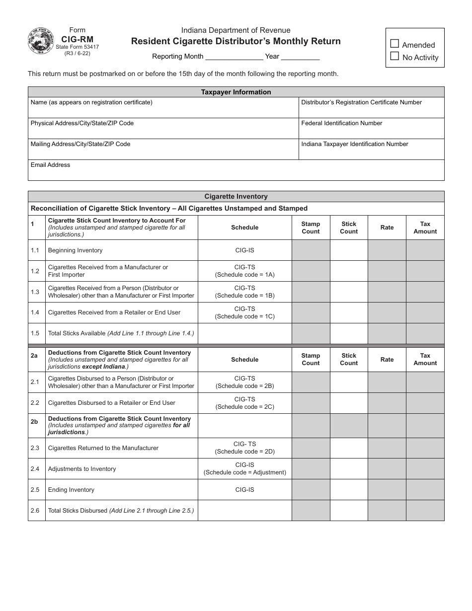 Form CIG-RM (State Form 53417) Resident Cigarette Distributors Monthly Return - Indiana, Page 1