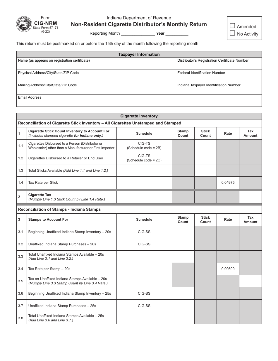State Form 57171 Schedule CIG-NRM Non-resident Cigarette Distributors Monthly Return - Indiana, Page 1