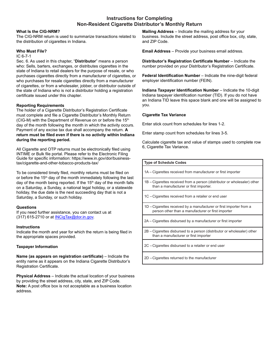 State Form 57171 Schedule CIG-NRM Non-resident Cigarette Distributors Monthly Return - Indiana, Page 4