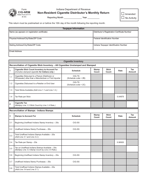 State Form 57171 Schedule CIG-NRM Non-resident Cigarette Distributor's Monthly Return - Indiana