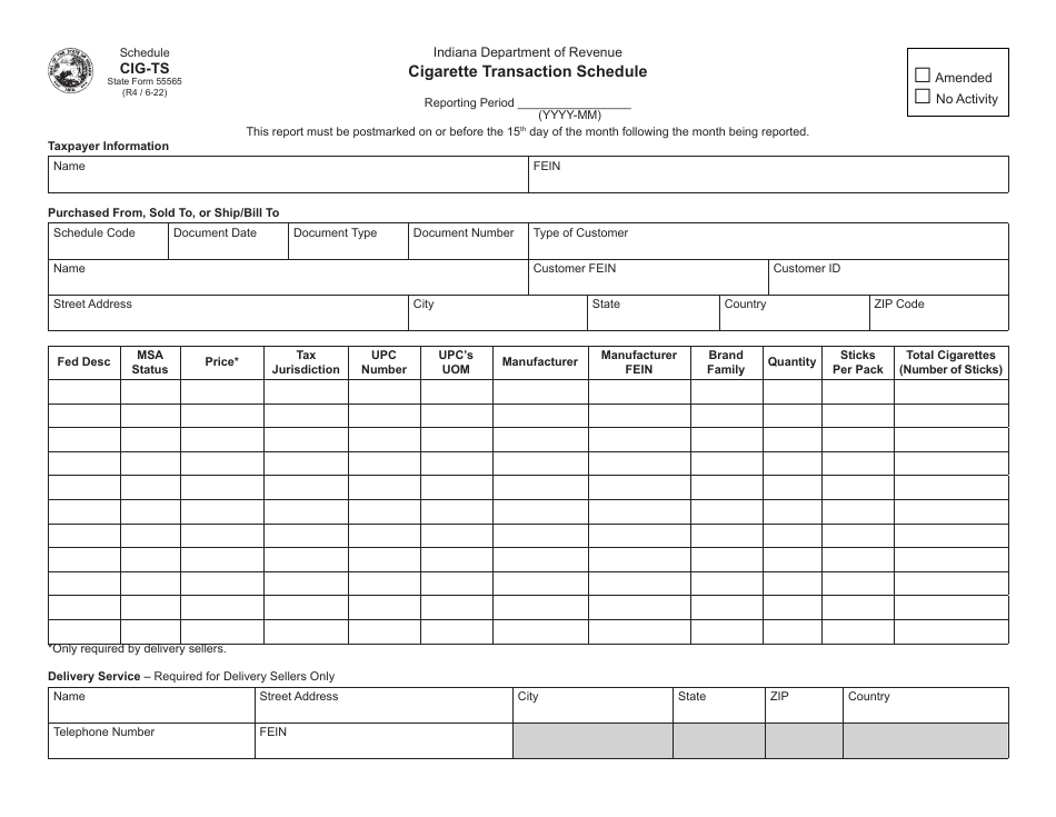 State Form 55565 Schedule CIG-TS Cigarette Transaction Schedule - Indiana, Page 1