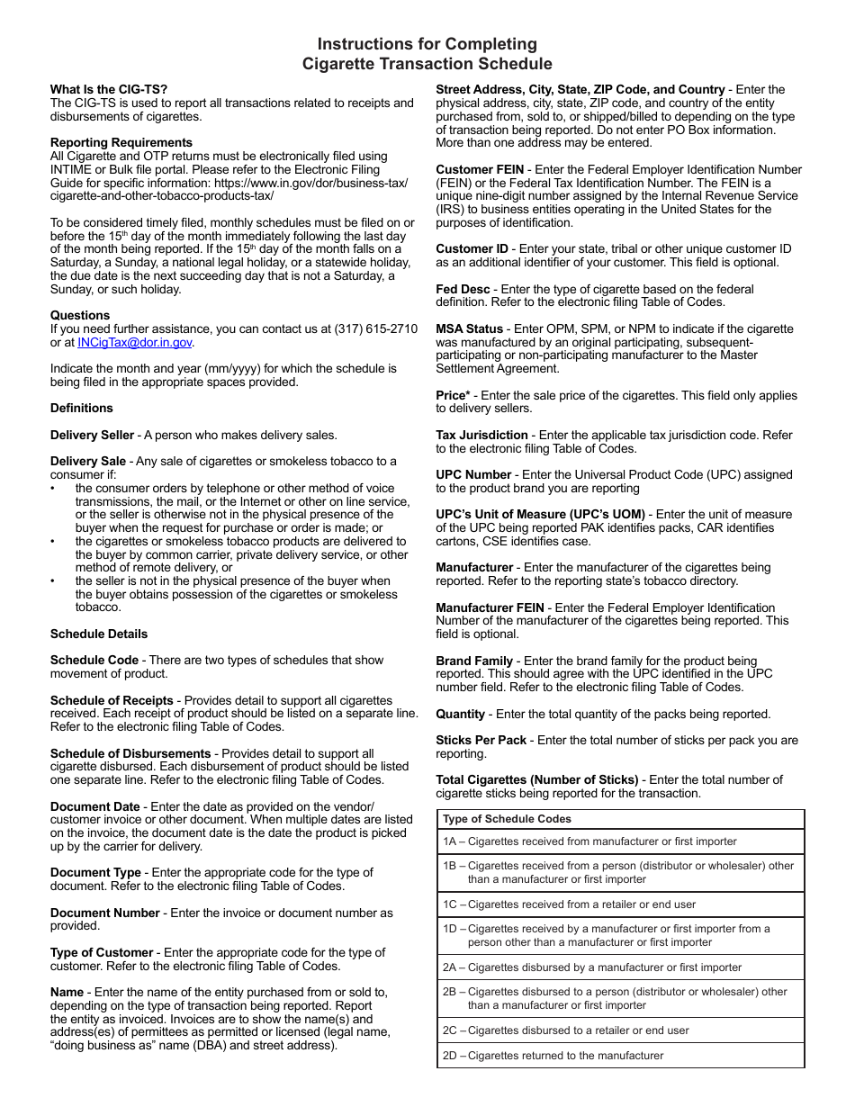 State Form 55565 Schedule CIG-TS Cigarette Transaction Schedule - Indiana, Page 2