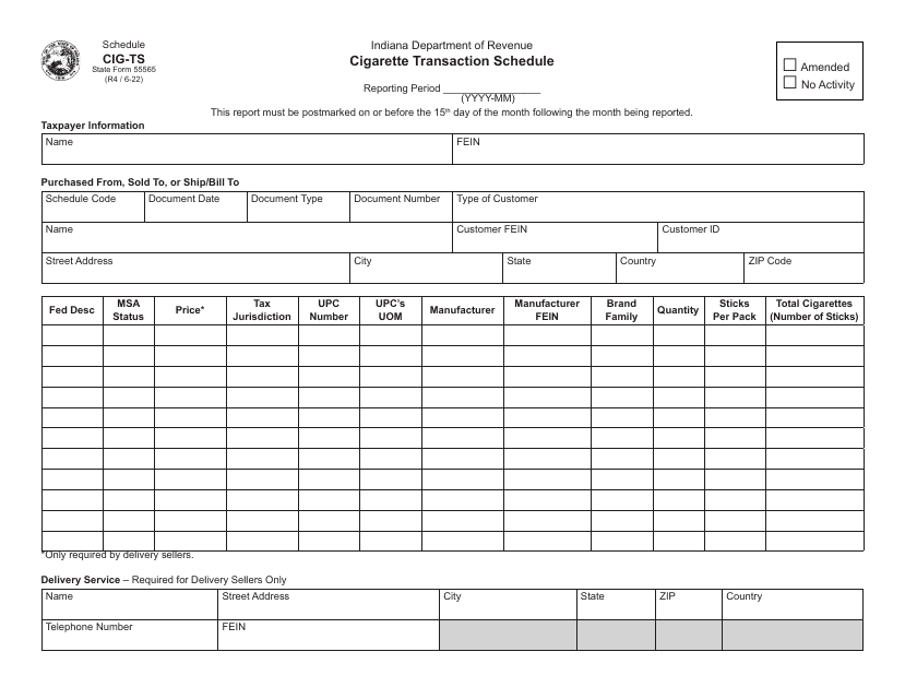 State Form 55565 Schedule CIG-TS Cigarette Transaction Schedule - Indiana
