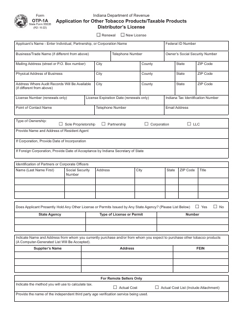 Form OTP-1A (State Form 55535)  Printable Pdf