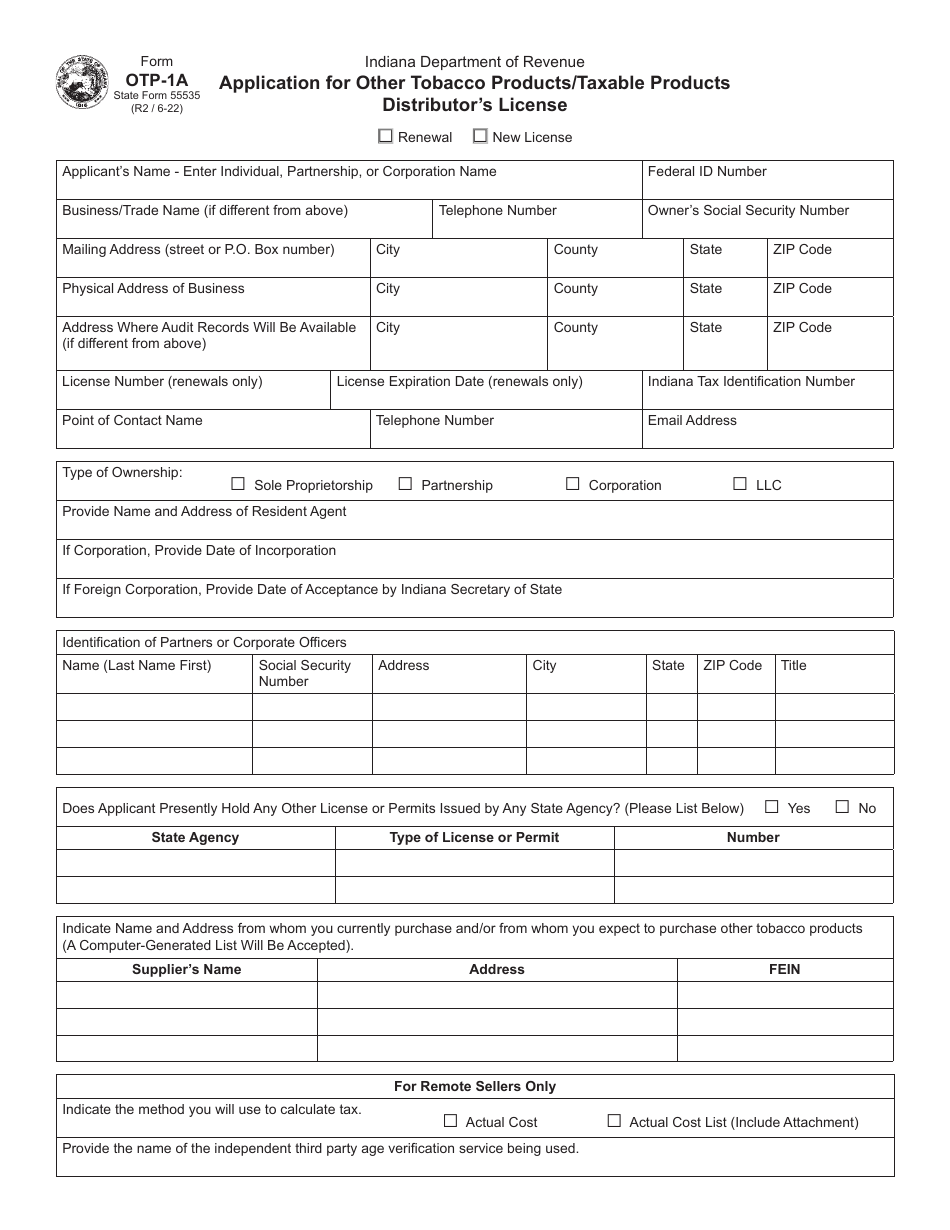 Form OTP-1A (State Form 55535) Application for Other Tobacco Products / Taxable Products Distributors License - Indiana, Page 1