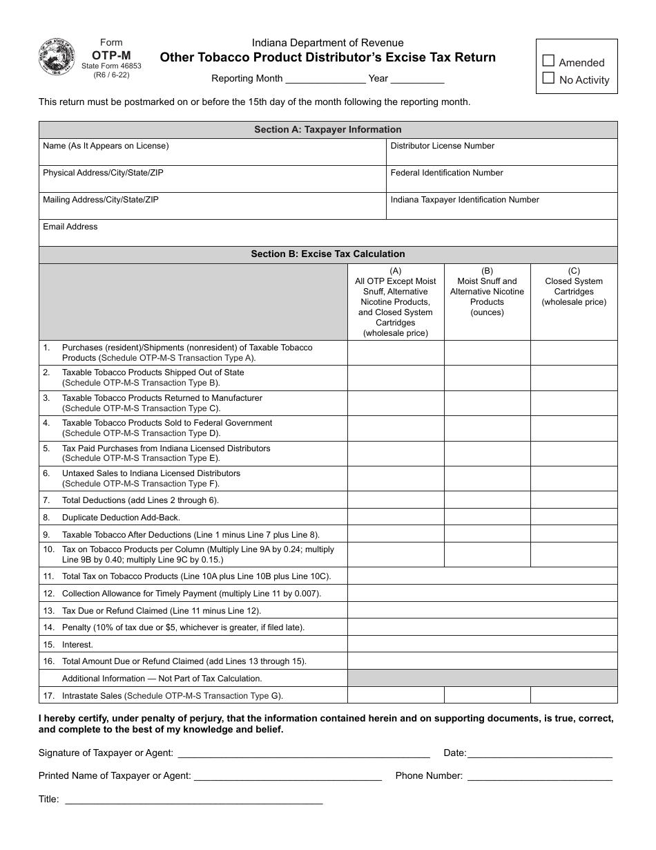 Form OTP-M (State Form 46853) Other Tobacco Product Distributor's Excise Tax Return - Indiana, Page 1