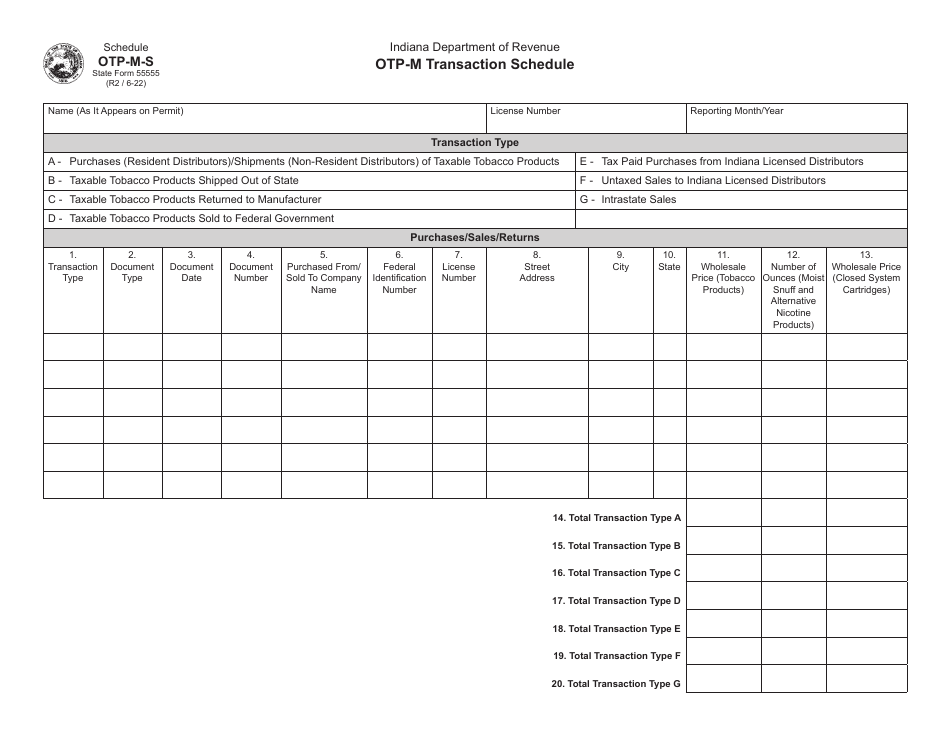 State Form 55555 Schedule OTP-M-S Otp-M Transaction Schedule - Indiana, Page 1