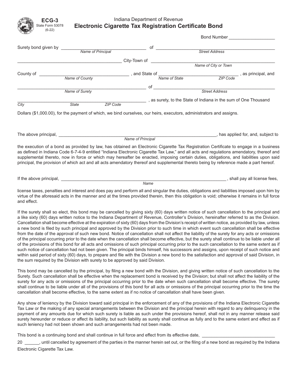 Form ECG-3 (State Form 53078) Electronic Cigarette Tax Registration Certificate Bond - Indiana, Page 1