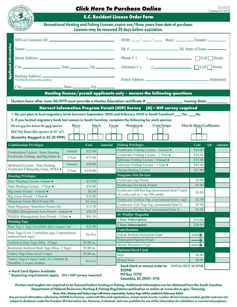 Form 22-13227 S.c. Resident License Order Form - South Carolina, Page 1