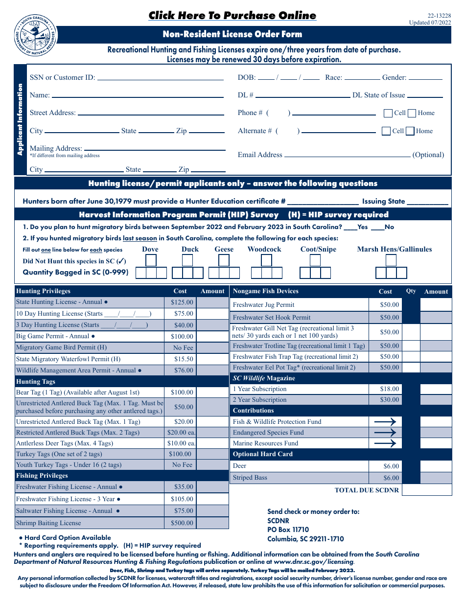 Form 22-13228 Non-resident License Order Form - South Carolina, Page 1