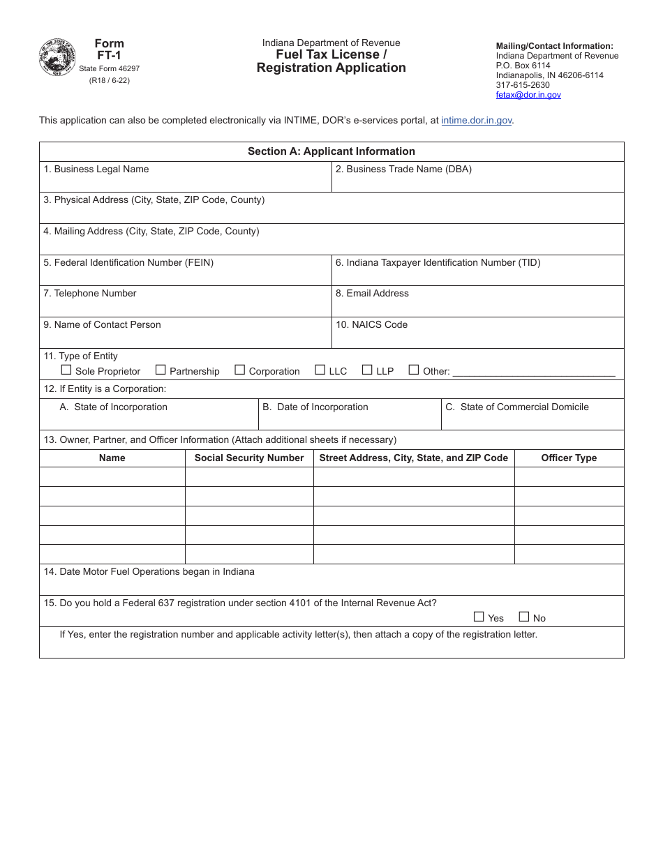Form FT-1 (State Form 46297) Fuel Tax License Registration Application - Indiana, Page 1