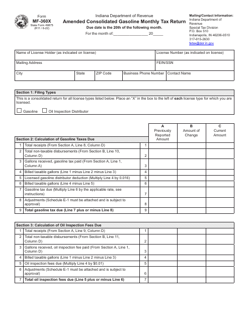 Form MF-360X (State Form 49875) Amended Consolidated Gasoline Monthly Tax Return - Indiana