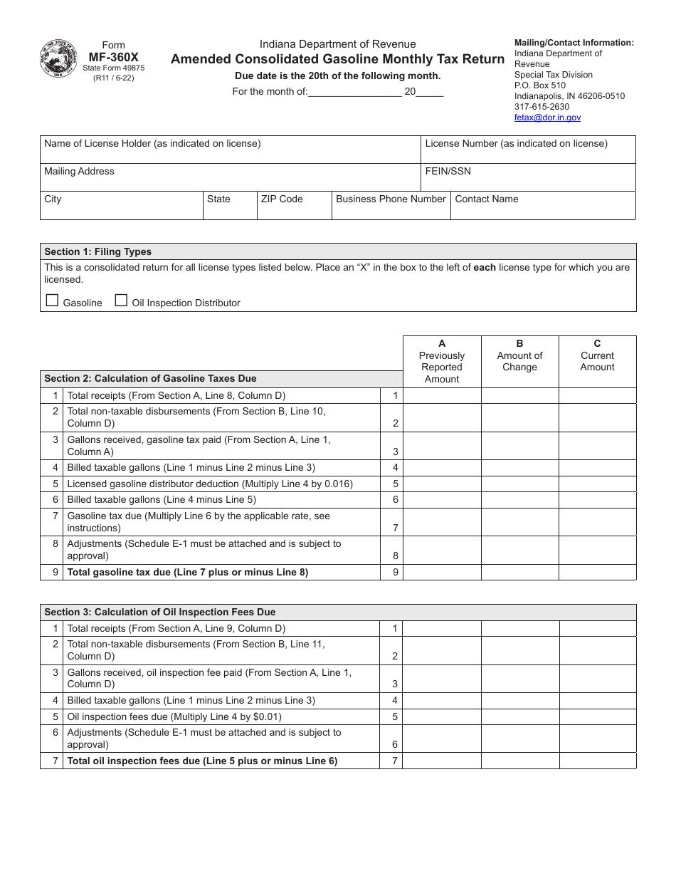 Form MF-360X (State Form 49875) Amended Consolidated Gasoline Monthly Tax Return - Indiana, Page 1
