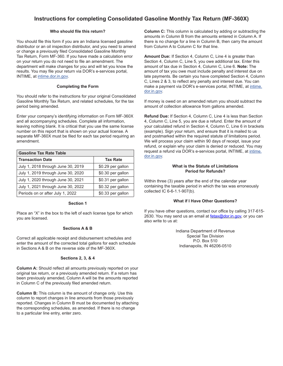 Form MF-360X (State Form 49875) Amended Consolidated Gasoline Monthly Tax Return - Indiana, Page 4
