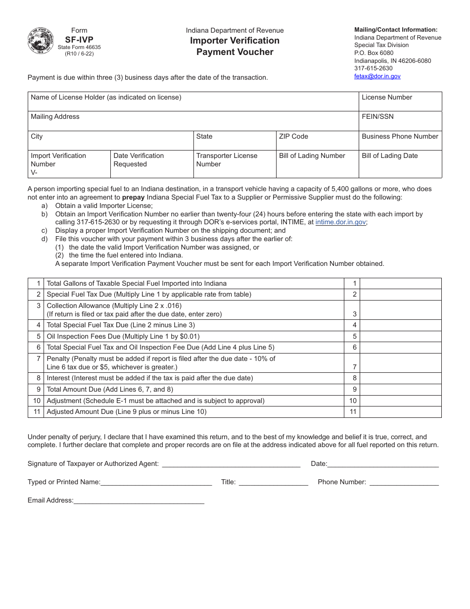 Form SF-IVP (State Form 46635) Importer Verification Payment Voucher - Indiana, Page 1