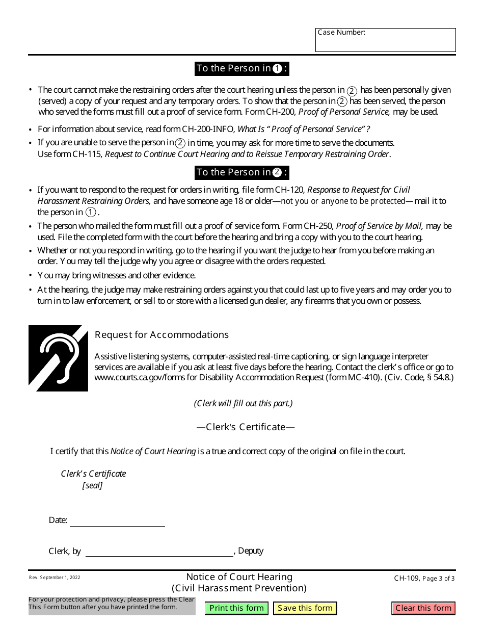 Form CH-109 Notice of Court Hearing - California, Page 3