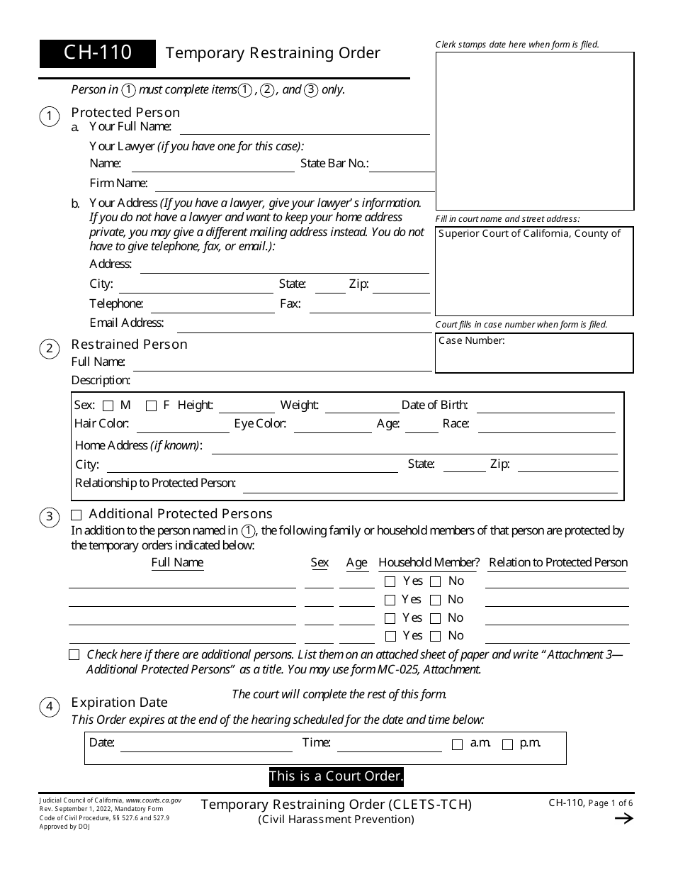 Form CH-110 Temporary Restraining Order - California, Page 1