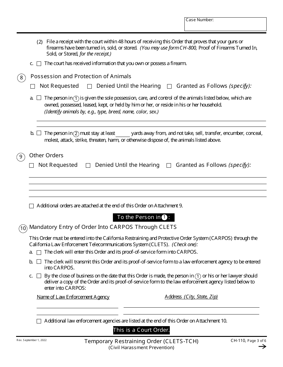 Form CH-110 Temporary Restraining Order - California, Page 3