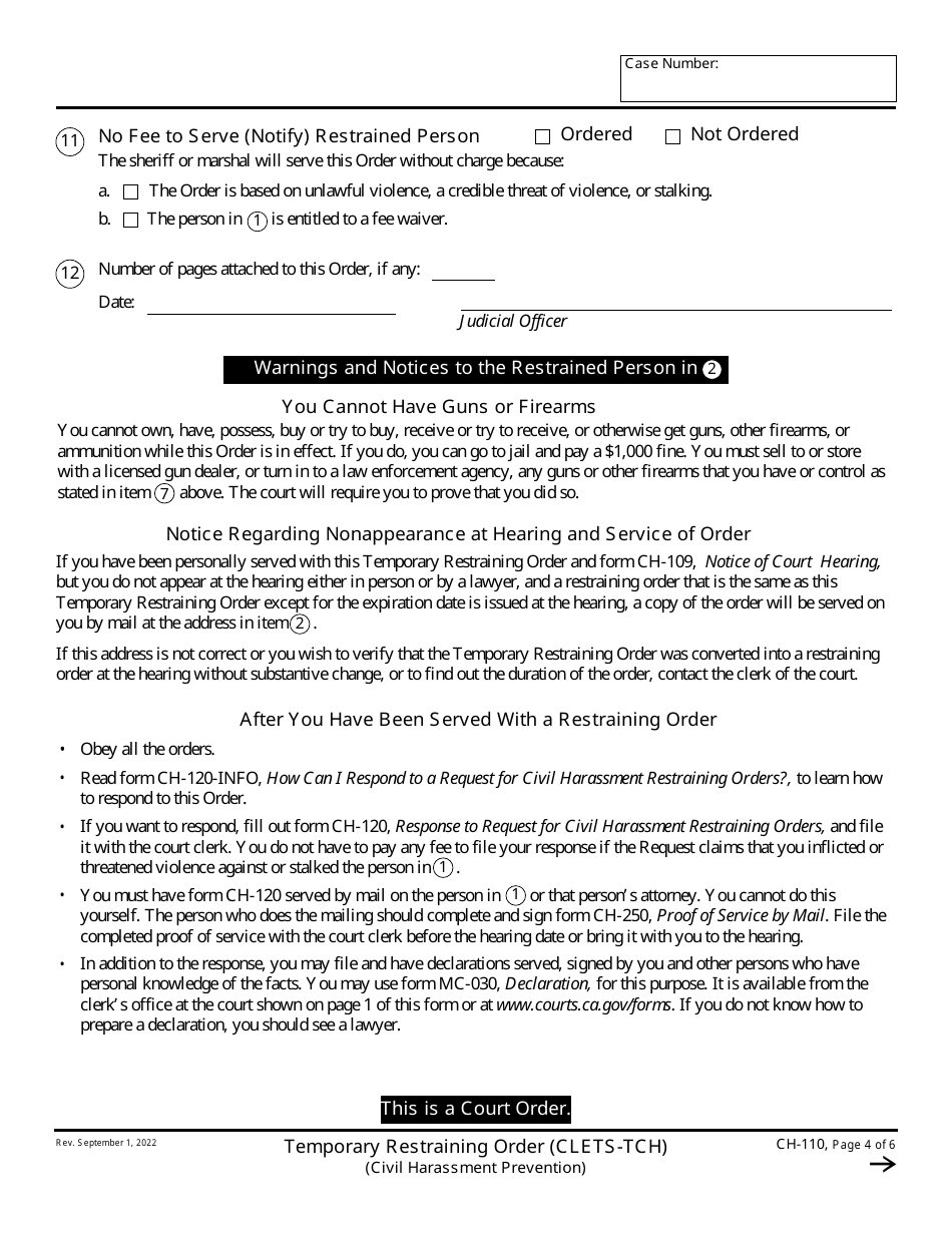 Form CH-110 Temporary Restraining Order - California, Page 4