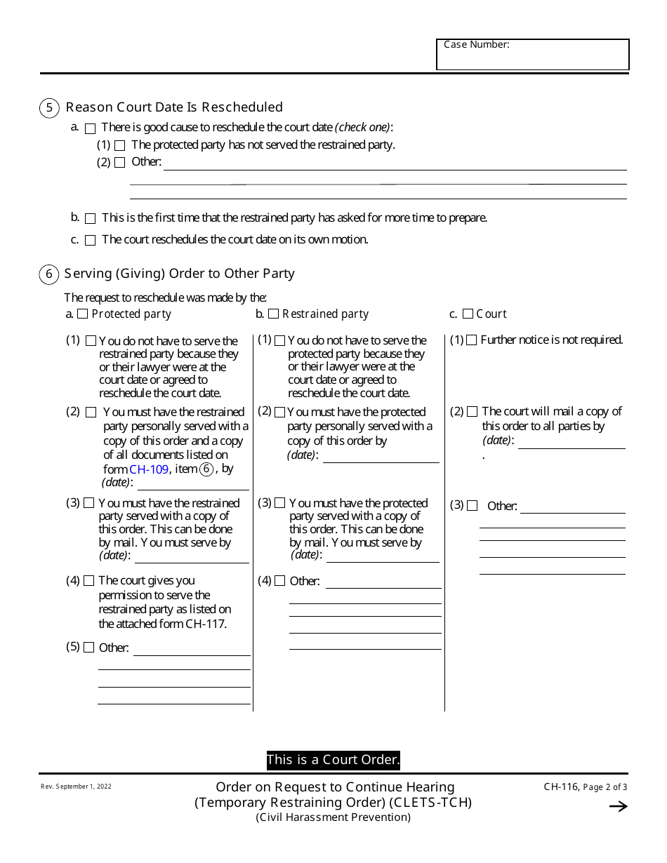 Form CH-116 Order on Request to Continue Hearing - California, Page 2
