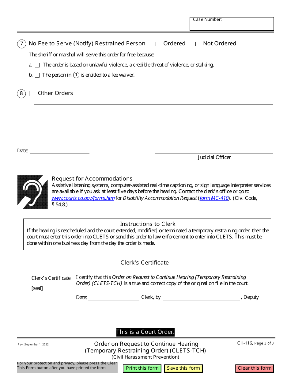 Form CH-116 Order on Request to Continue Hearing - California, Page 3